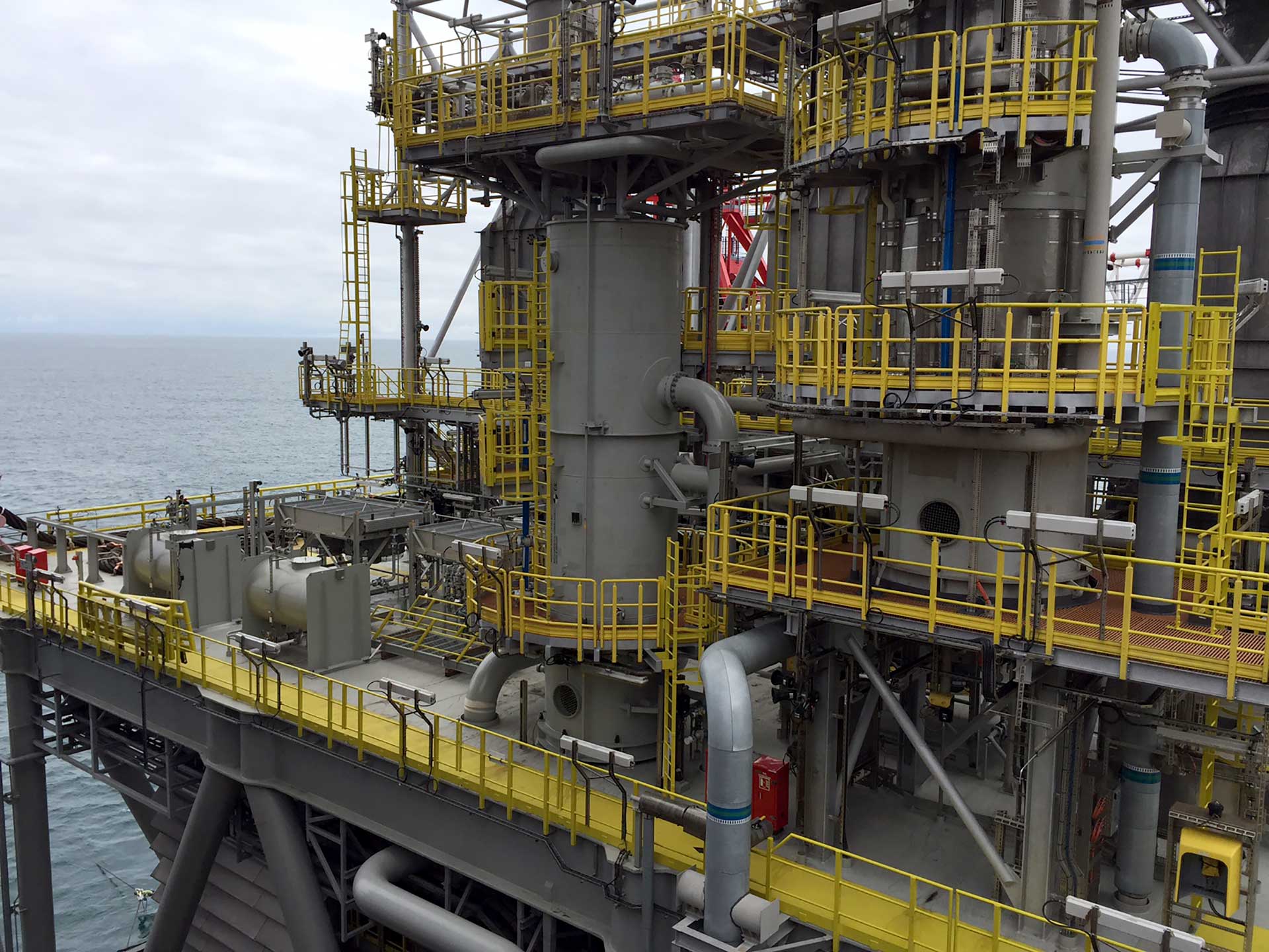 An offshore BP Clair Ridge rig sporting fiberglass handrails 