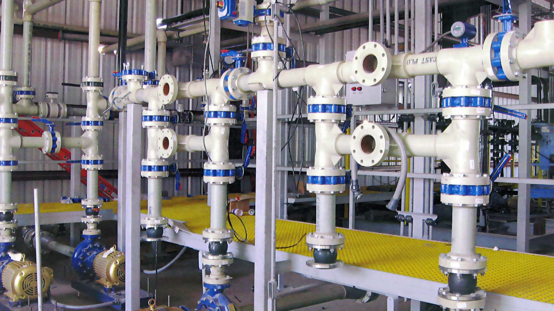 A white and blue Centricast Fiberglass Pipe system