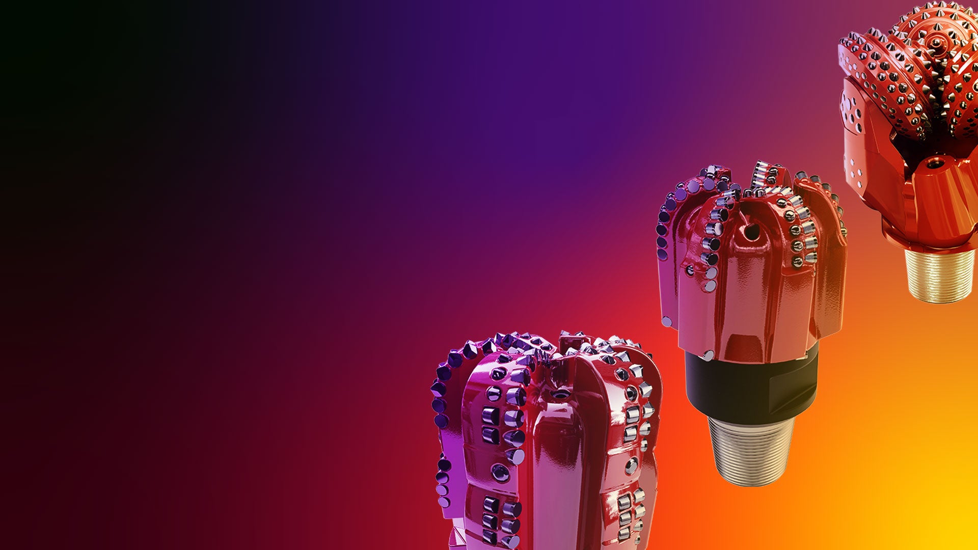 Render of three Phoenix Series Drill Bits with an ombre purple to yellow background