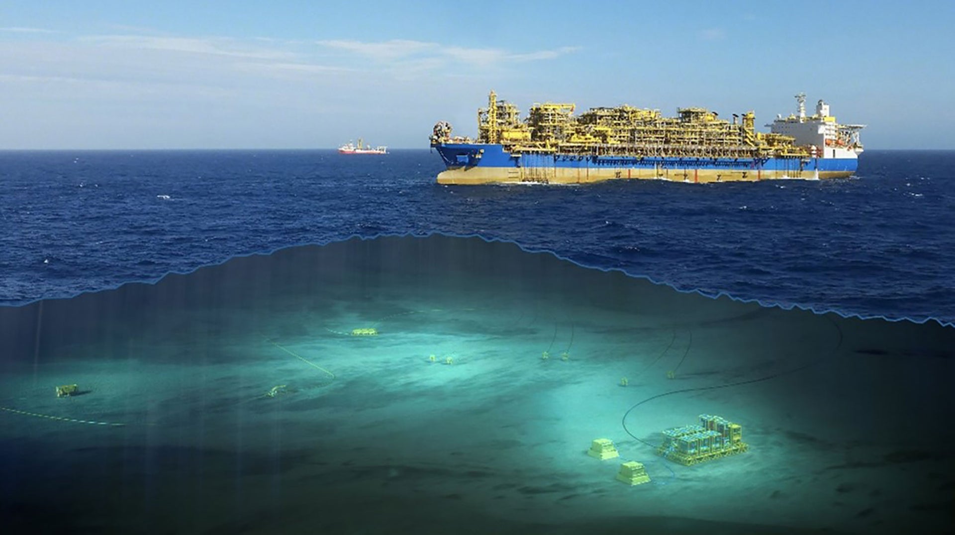 Render of a subsea water treatment and injection, with a rig above water