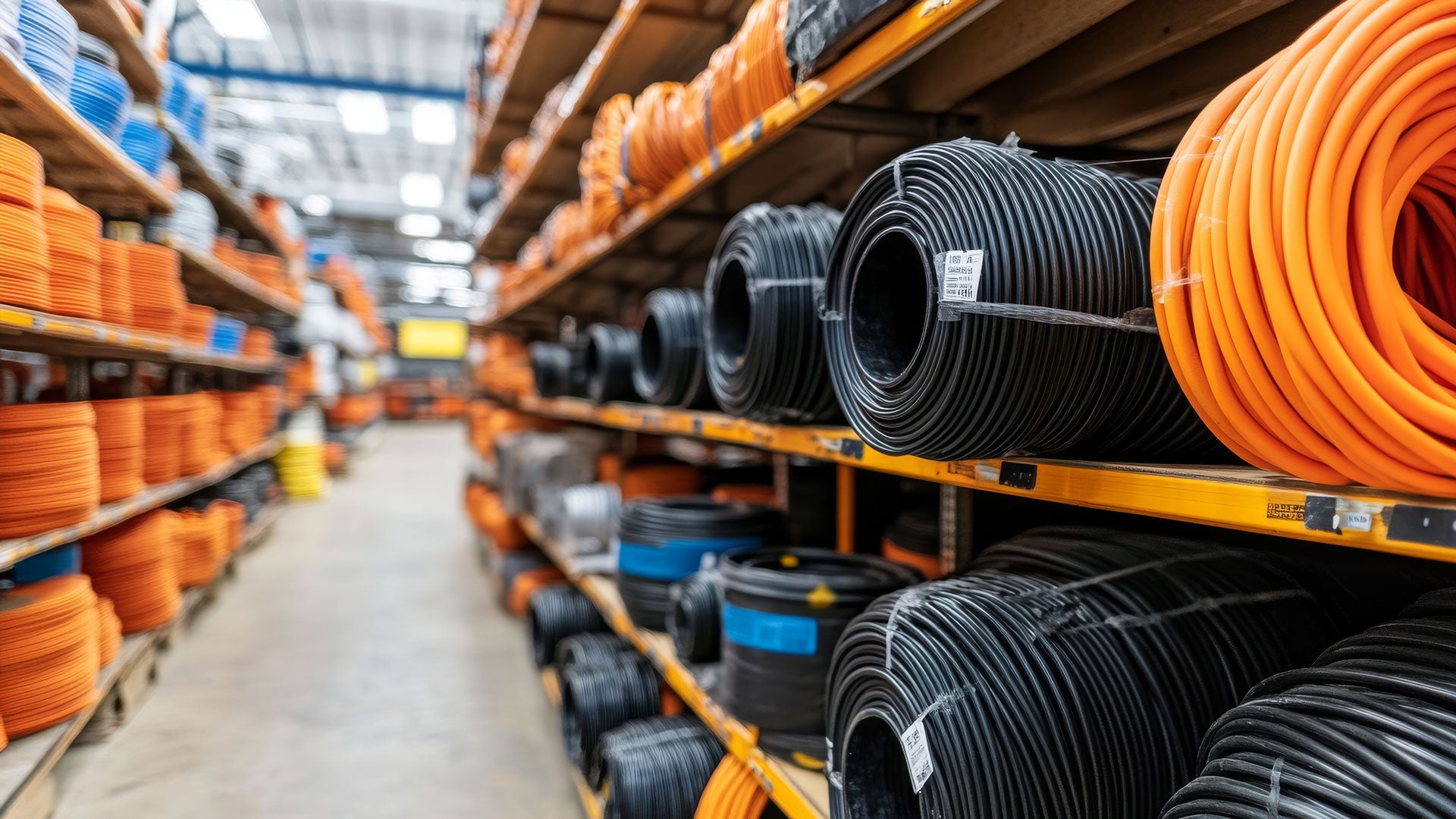 orange cable spools in warehouse
