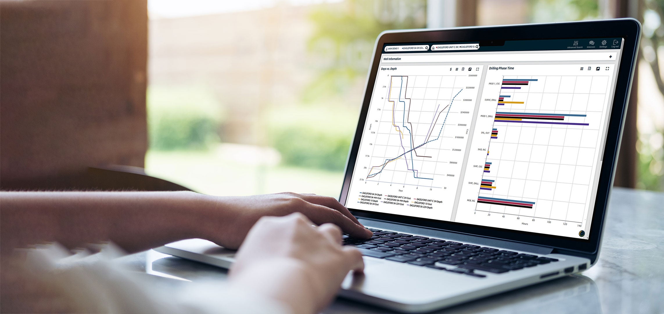 Laptop on a table with ProAct data on the screen, two hands on the keyboard