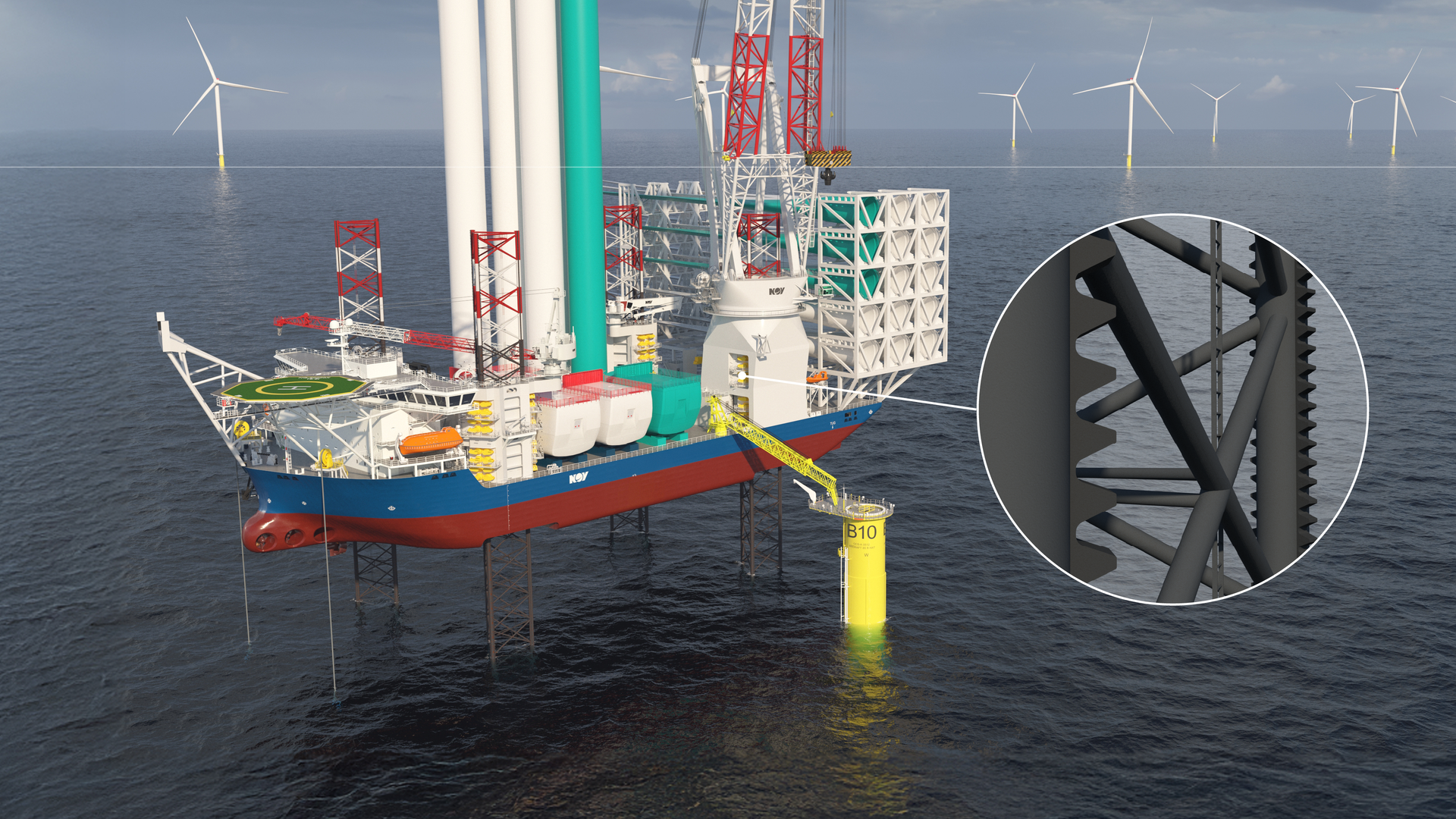 Offshore wind turbine installation vessel elevating above the sea beside a turbine foundation, with a close-up inset showing a rack-and-pinion jacking system used for platform lifting.