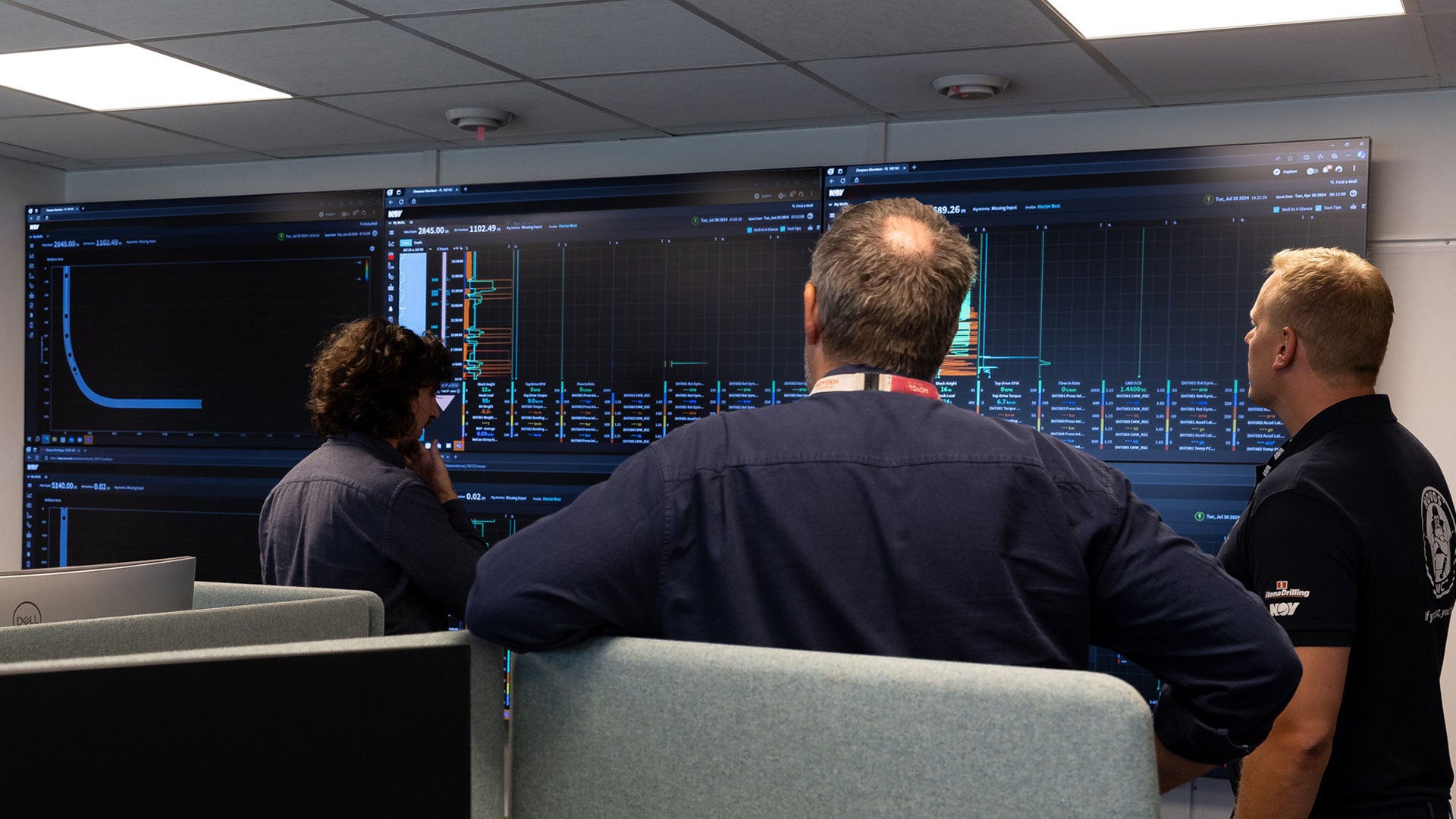 Three NOV employees reviewing and discussing data displayed on large screens mounted on a wall