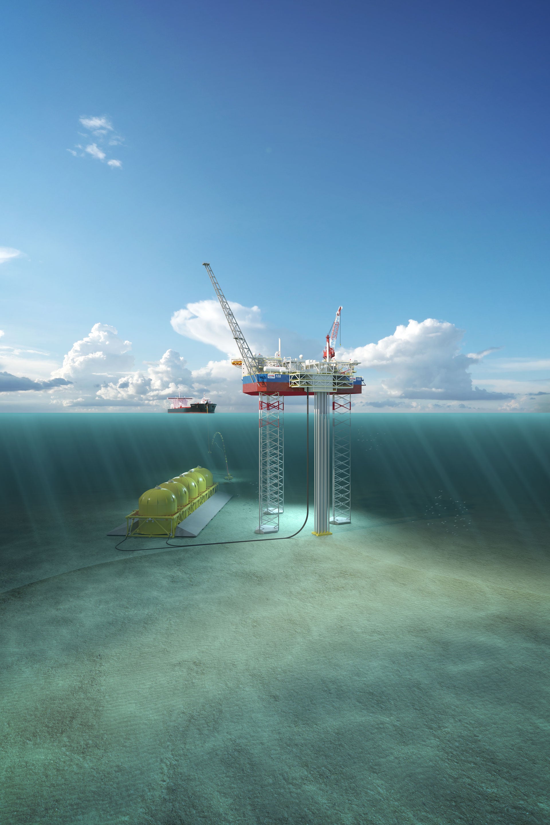 Render of a Subsea Energy Storage system at sea, view above and below water