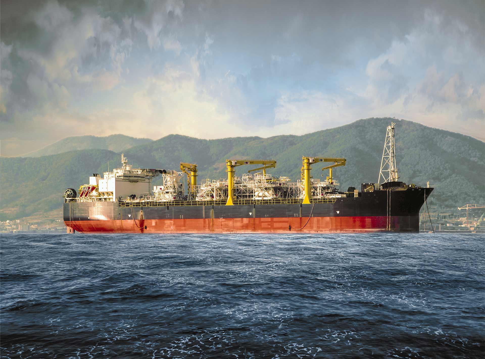 A sailing ship laden with rig equipment