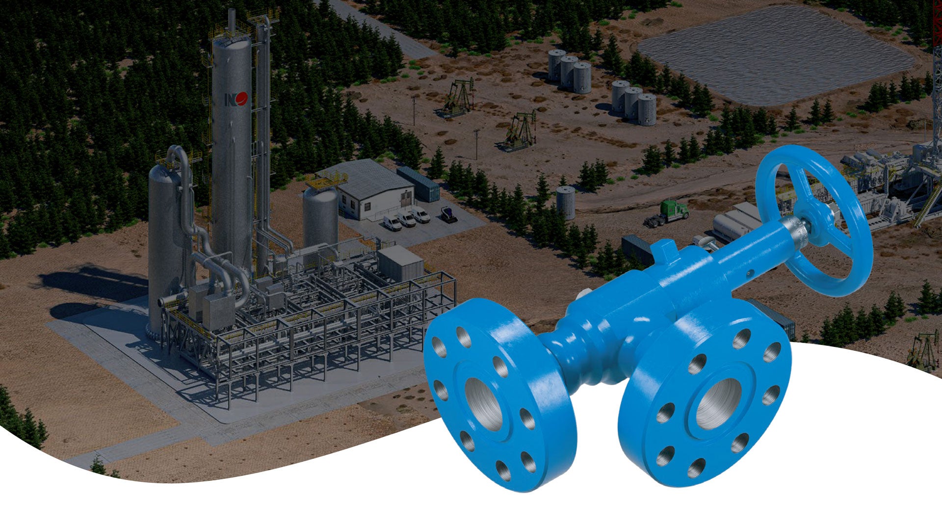 Render of a Zero Fugitive Emission Choke with an aerial view of a facility in the background