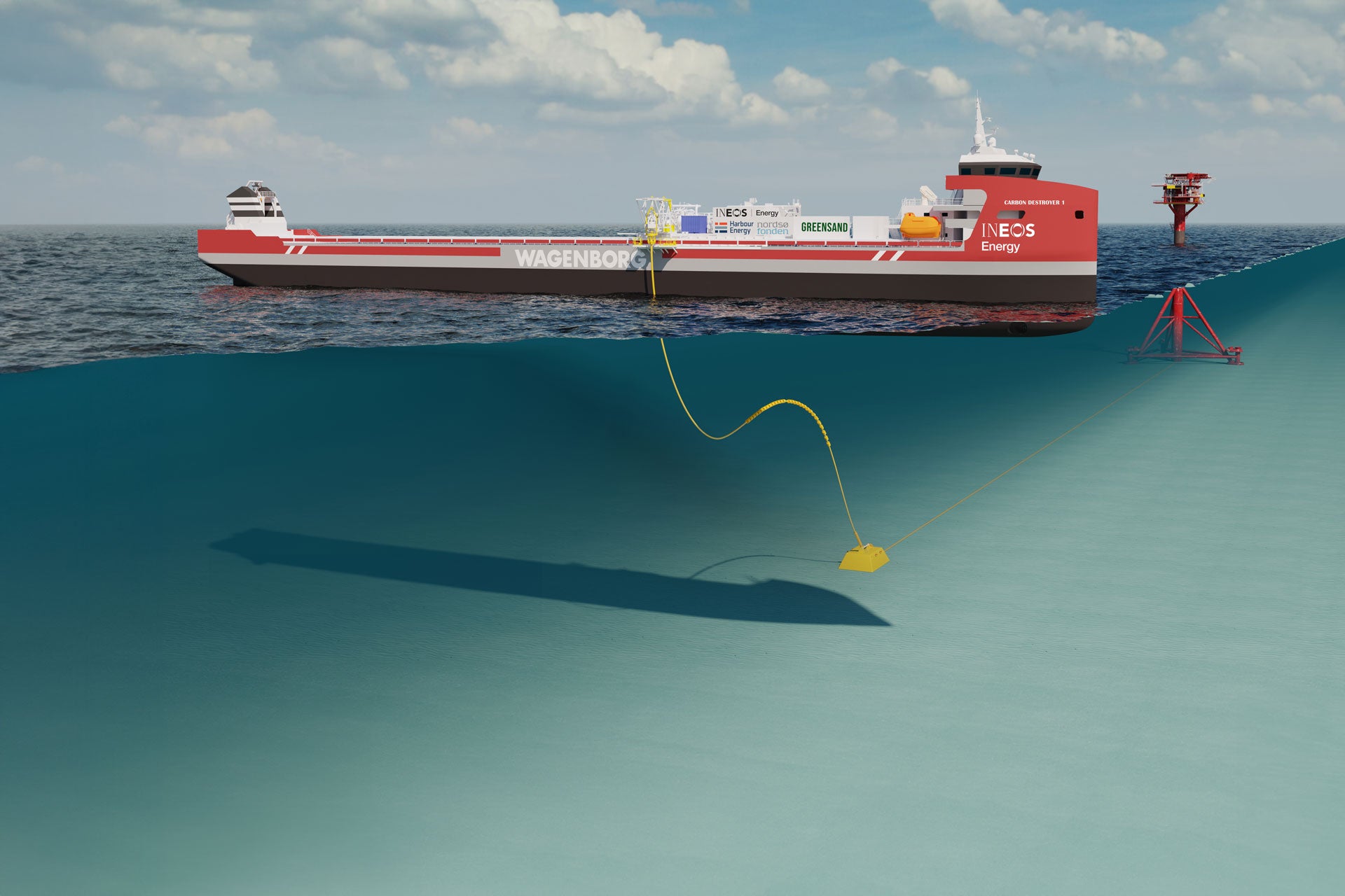 Render of an INEOS Energy Greensand vessel at sea, with an underwater view