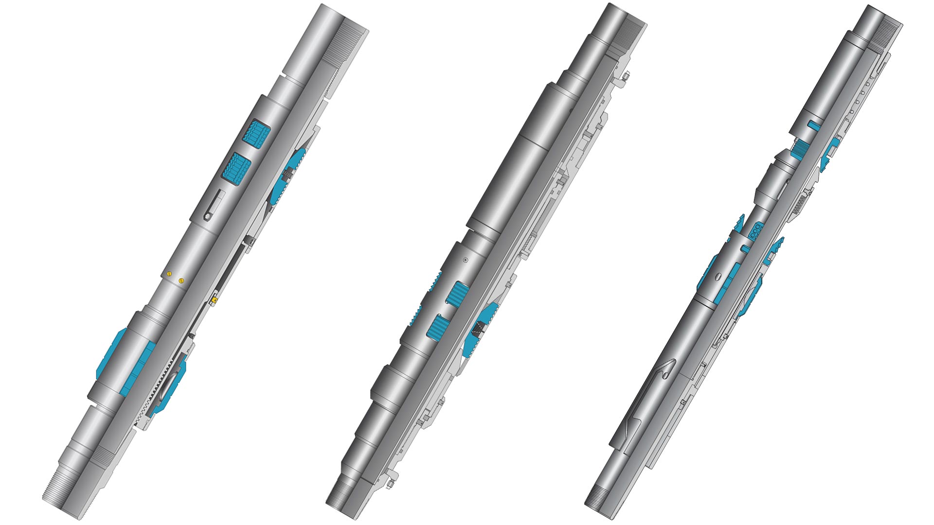 A render of an NAC-1 Tubing Anchor Catcher, an NHA Hydraulic Tubing Anchor, and an NQT Quarter-turn Tubing Anchor