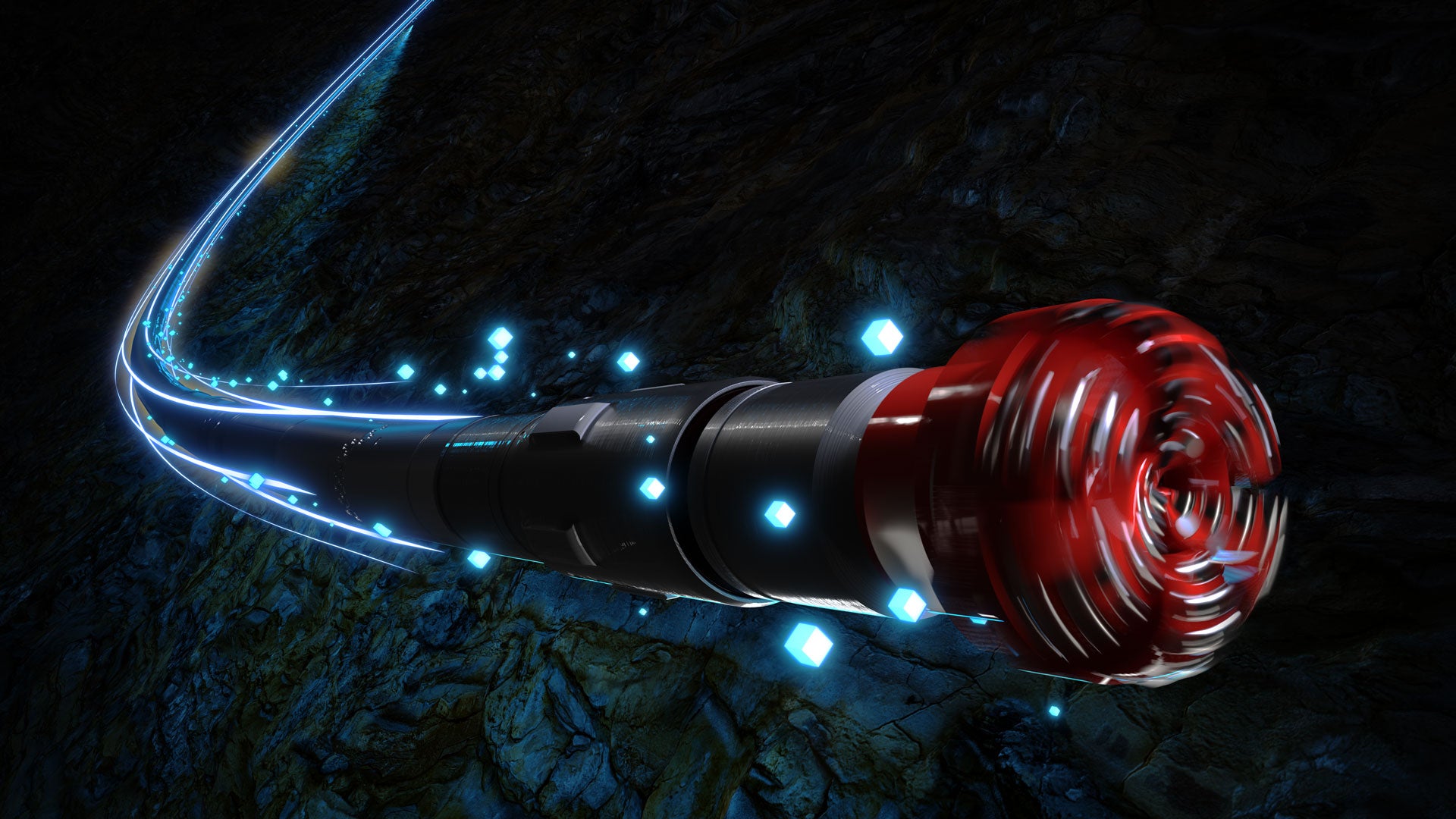 Render of a downhole tool drilling through rocky soil, with sparkling lights demonstrating tool path