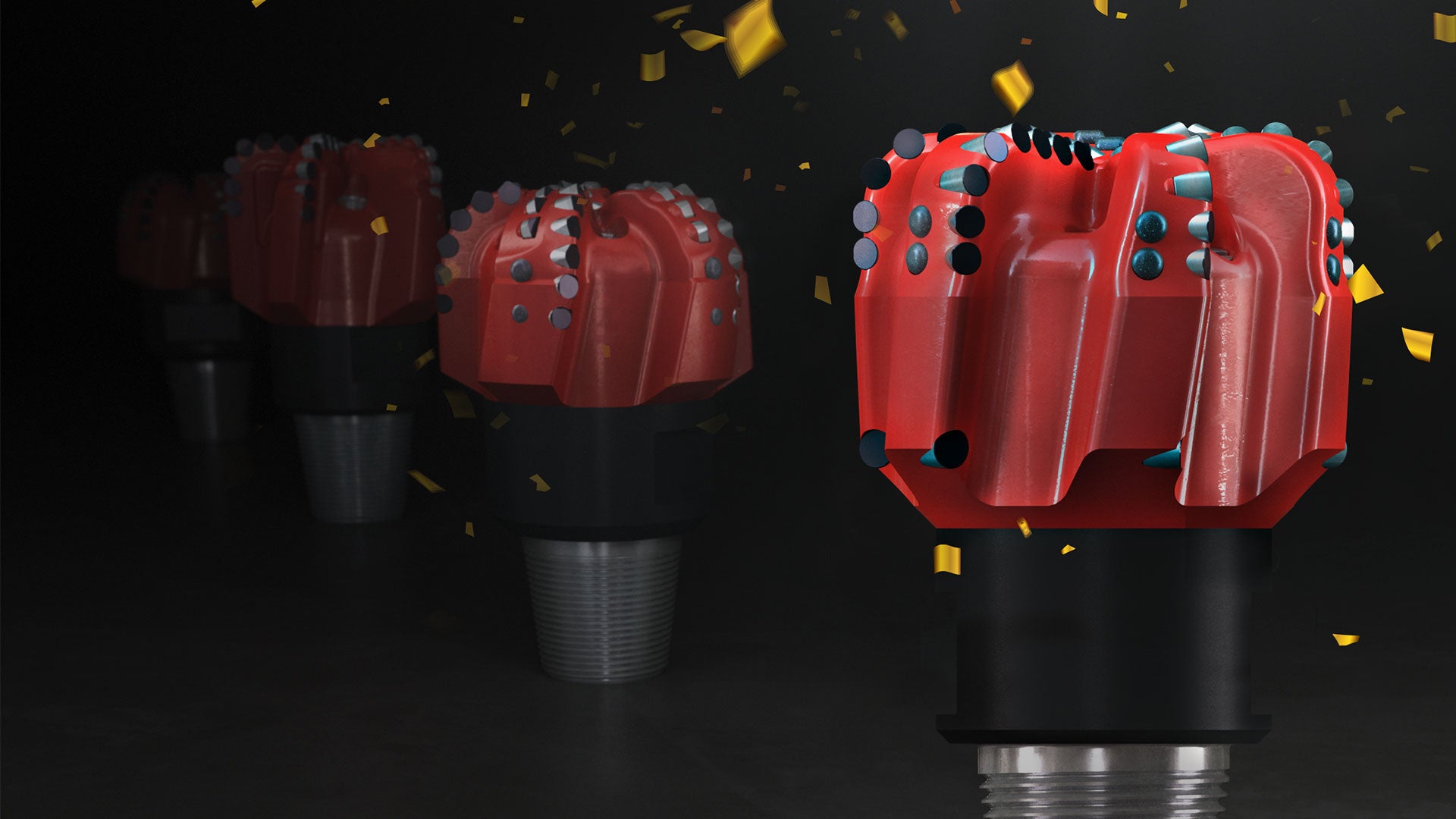 Fading lineup of red Tektonic Drill Bits with gold flakes floating down
