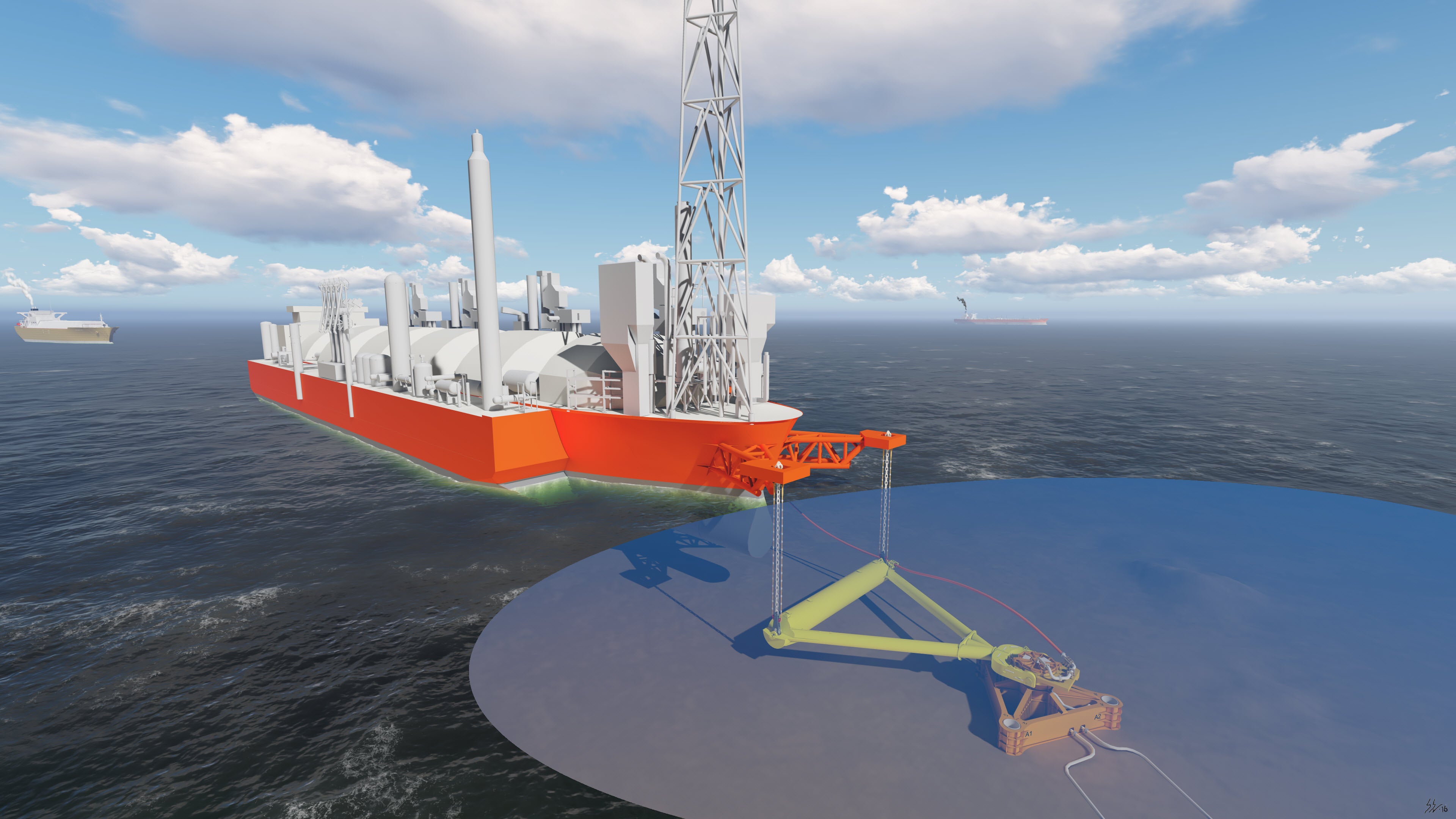 Illustration of an offshore vessel connected to a subsea structure via cables and equipment, showing an ocean scene with other ships in the background under a partly cloudy sky.