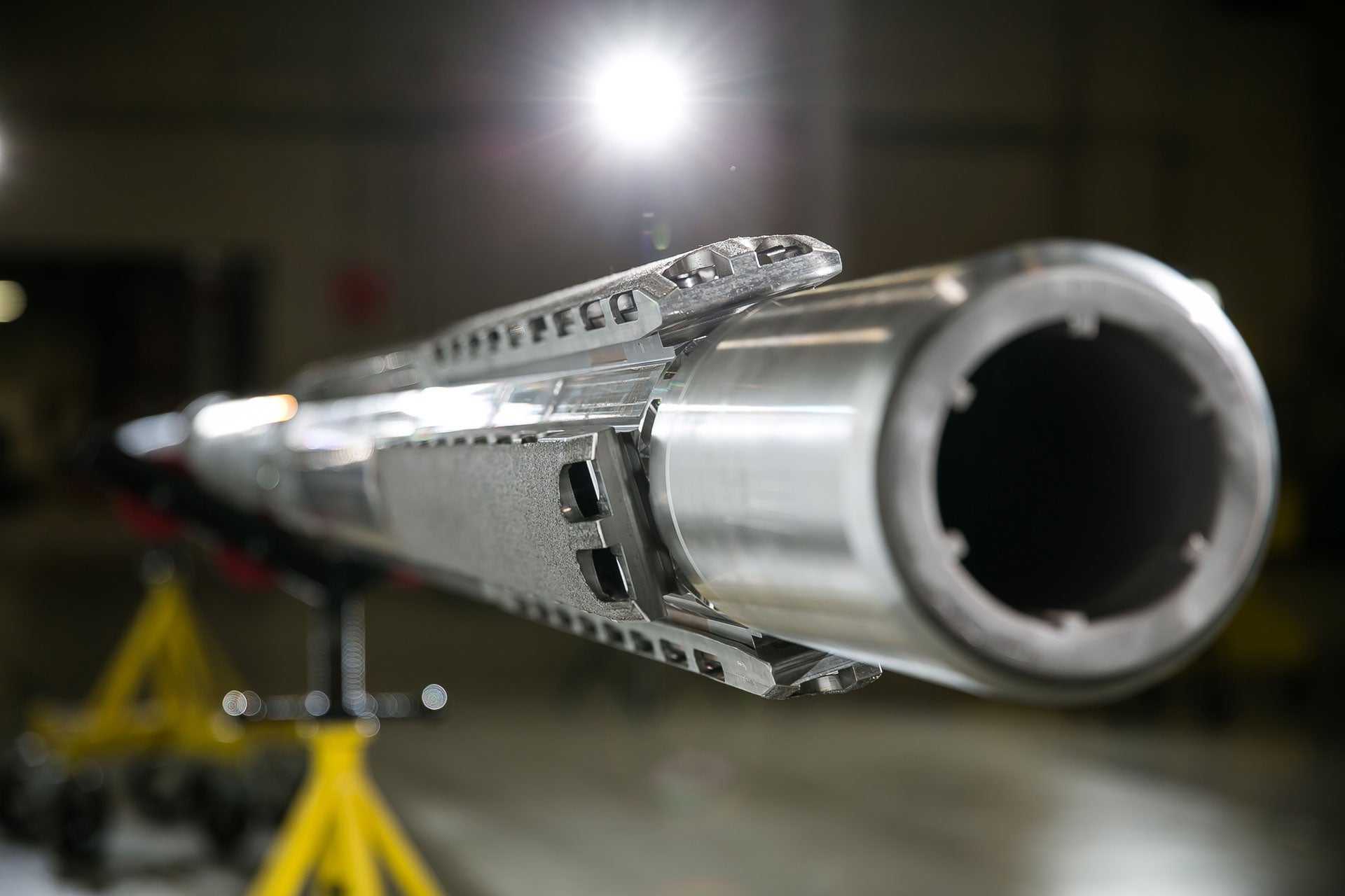 Close up shot of a VectorZIEL Rotary Steerable System on stands in an NOV manufacturing facility