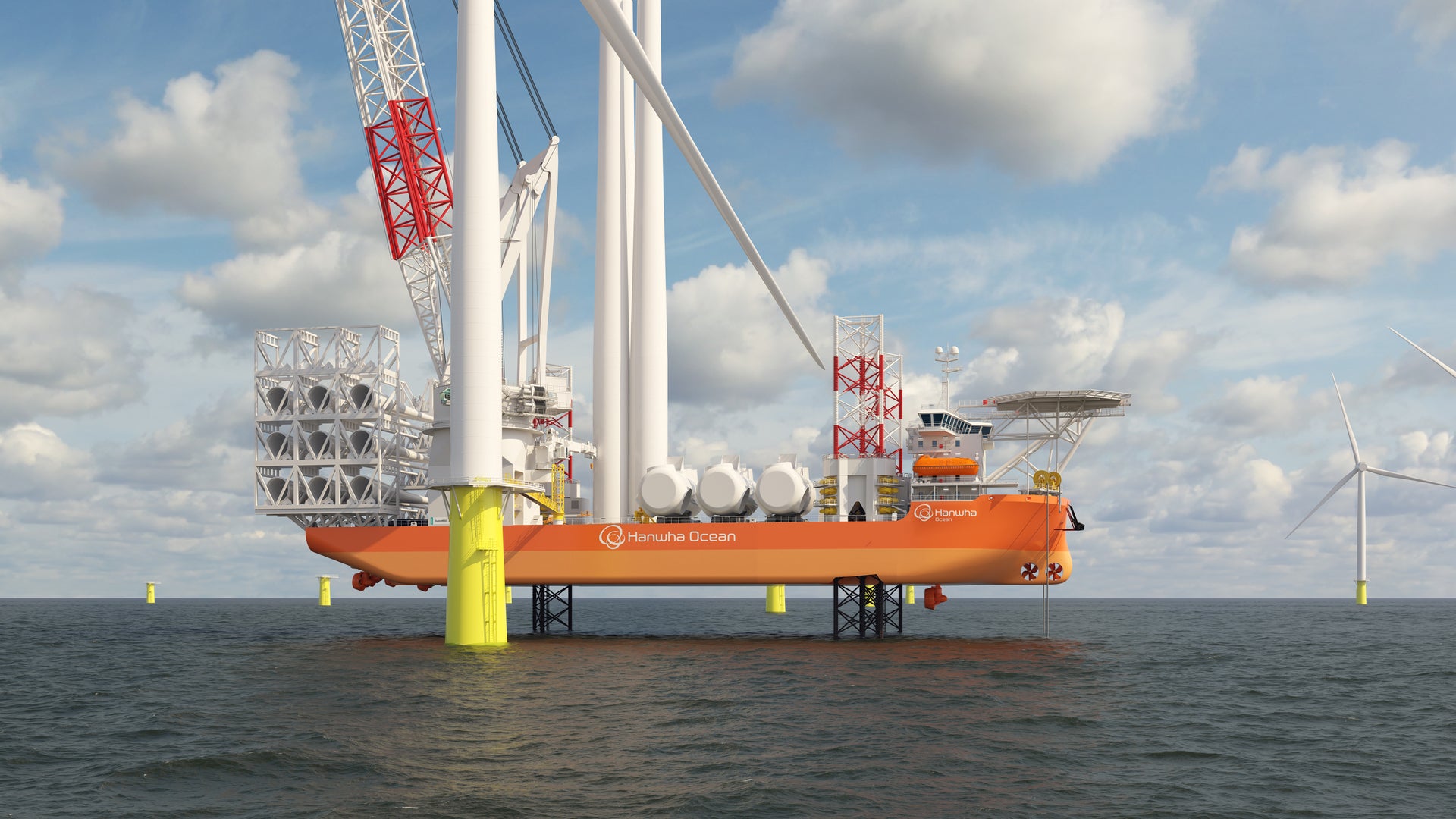 Render of an GustoMSC NG-16000X Hanwha vessel on a peaceful oceanscape with clouds in the sky