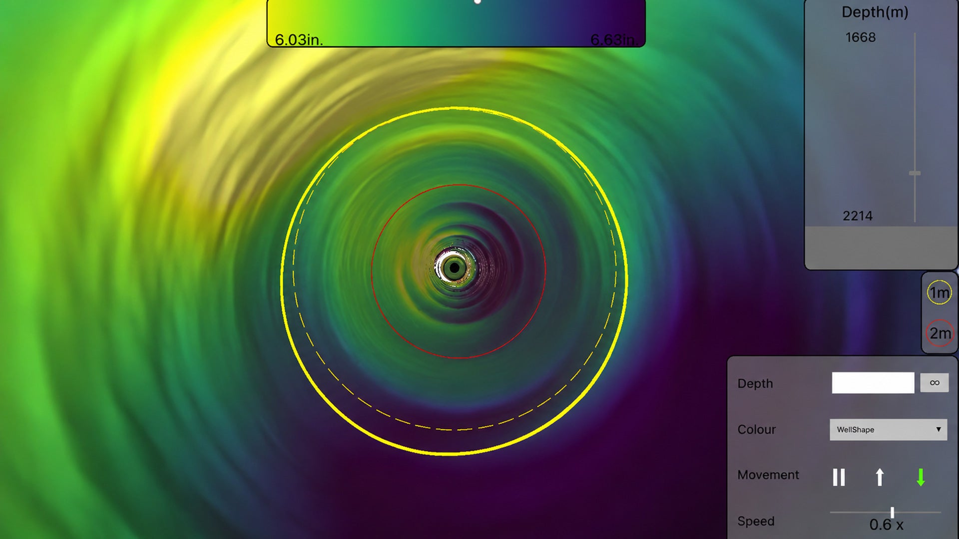 Circular wellbore visualization with a color-coded heatmap showing the interior pipe surface, concentric measurement rings.