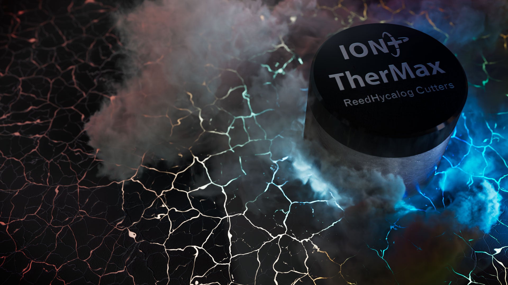 Render of an ION+ TherMax ReedHycalog cutter, with colorful cracks spiderwebbing away from the cutter