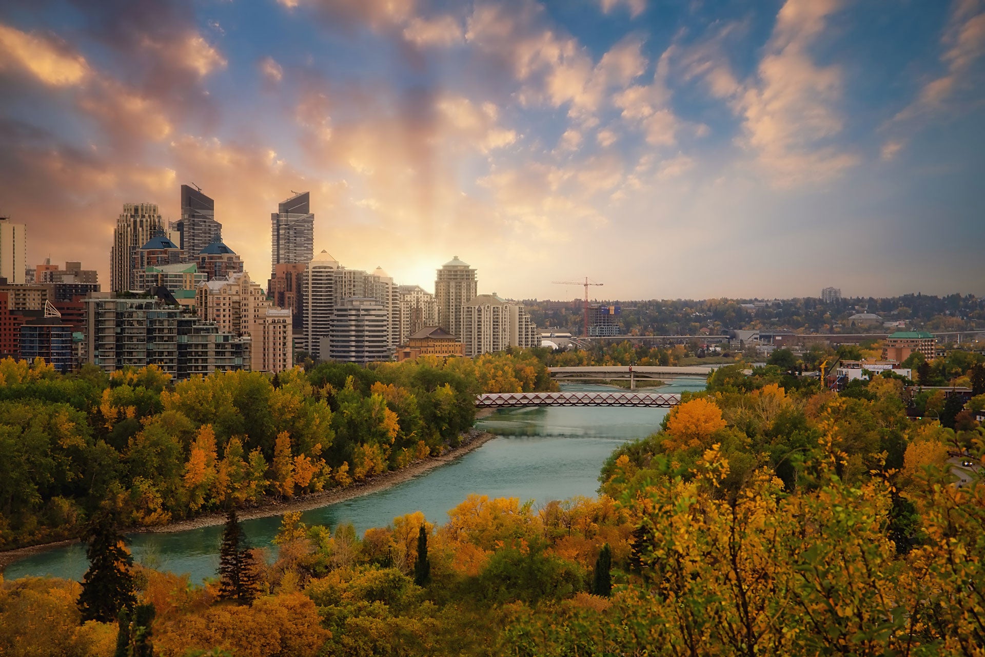 Calgary Alberta Cityscape with view of river and bridge